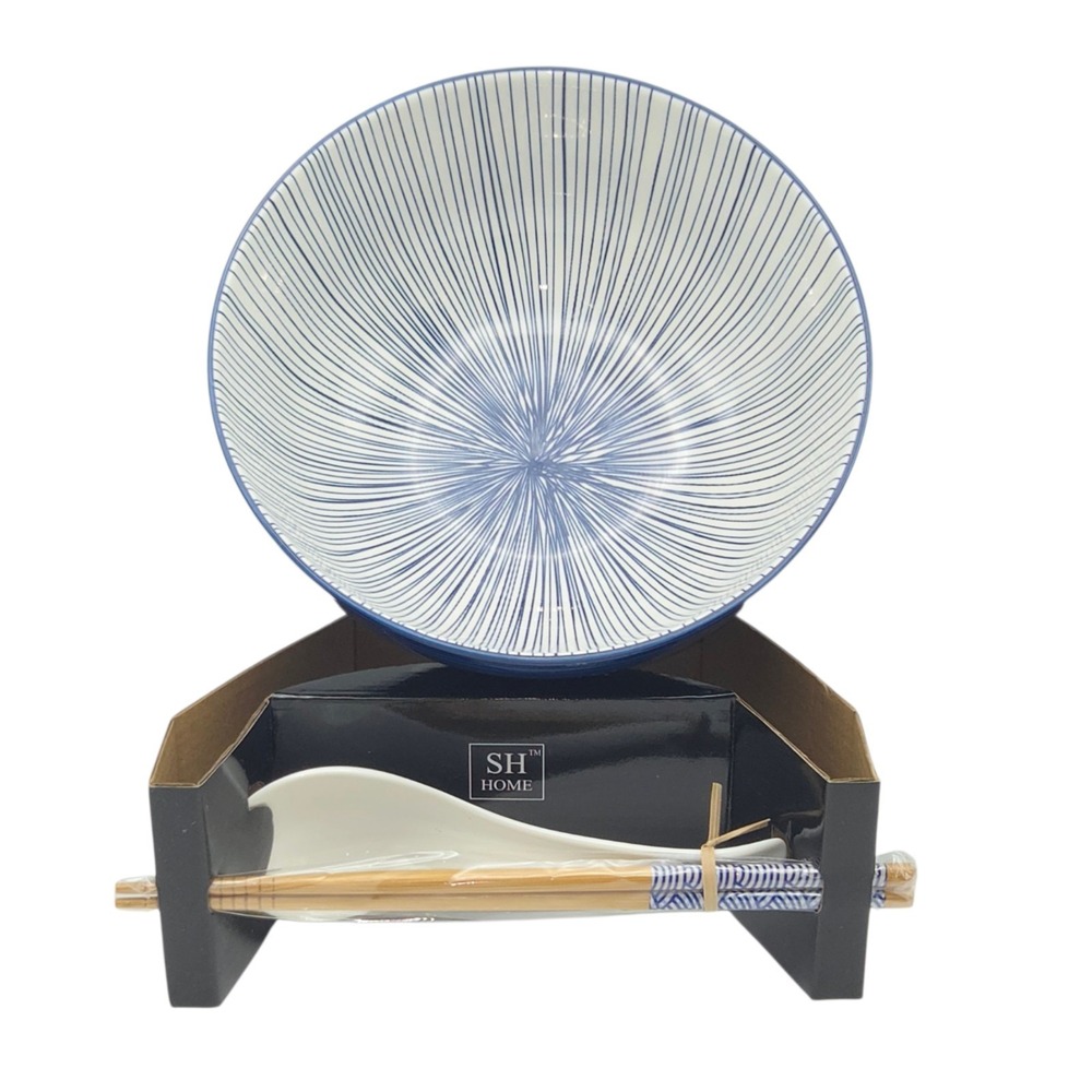 SH Home Blue White Striped Ceramic Ramen Noodle Bowl Set 54oz Chopsticks & Spoon